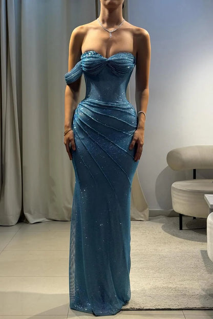 Traumhaftes Meerjungfrauen-Abendkleid im Etui-Stil, langes Ballkleid aus Mesh, blaues Abendkleid RB1668