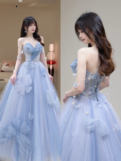 Robe de bal charmante, bustier cœur, tulle bleu, longue, robe de soirée formelle, robe de bal AU112