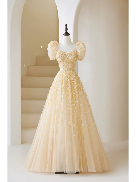 Elegant Ball Gown Sweetheart Yellow Tulle Prom Dress Charming Evening Party Gowns Fashion Wedding Guest Dress AB1021