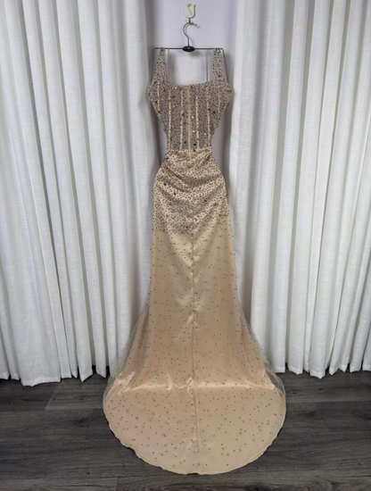 Robe de bal longue de fin d'année, style sirène scintillante, col carré, sequins champagne, référence N1320