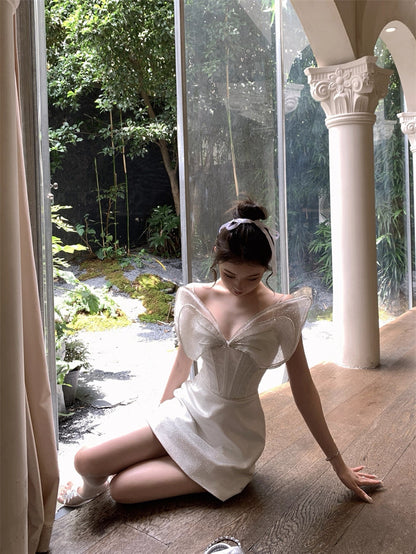 Sweet White Spaghetti Strap A-Line Satin Short Birthday Dress RF01002