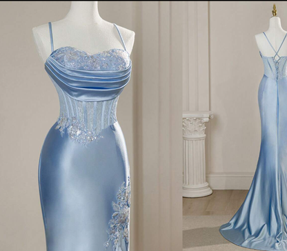 Robe de bal longue plissée en satin bleu satiné à fines bretelles sirène élégantes (Vestidos De Dia AB591)