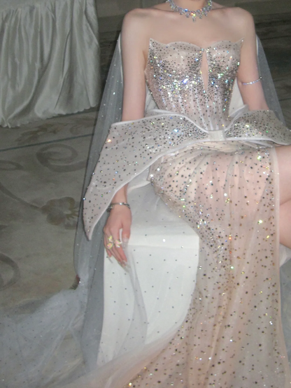 Funkelndes Meerjungfrauen-Abendkleid mit Champagner-Schlitz und Herzausschnitt – Ästhetisches langes Abschlussballkleid N079