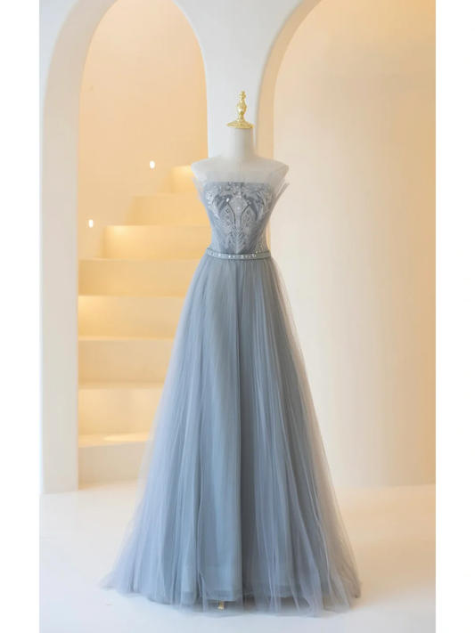 Charming Ball Gown Strapless Dusty Blue Tulle Long Prom Dresses Impress 20th Birthday Outfits Prom Gown AB910