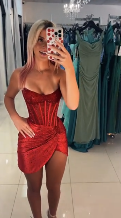Robe Courte de Demoiselle d'Honneur Scintillante sans Bretelles Bordeaux avec Cristaux Paillettes sans Manches Mini Senior Inspo N4747