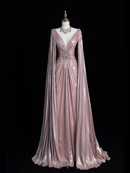 Vintage A-Linien-Abendkleid mit V-Ausschnitt, rosafarbenem Satin-Oberteil mit Perlenbesatz und Cape, langes Ballkleid, formelles Abendkleid N541