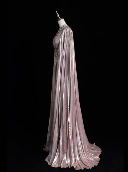Vintage A-Linien-Abendkleid mit V-Ausschnitt, rosafarbenem Satin-Oberteil mit Perlenbesatz und Cape, langes Ballkleid, formelles Abendkleid N541