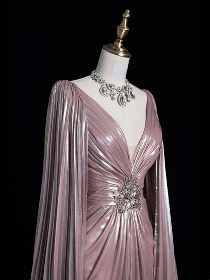 Vintage A-Linien-Abendkleid mit V-Ausschnitt, rosafarbenem Satin-Oberteil mit Perlenbesatz und Cape, langes Ballkleid, formelles Abendkleid N541