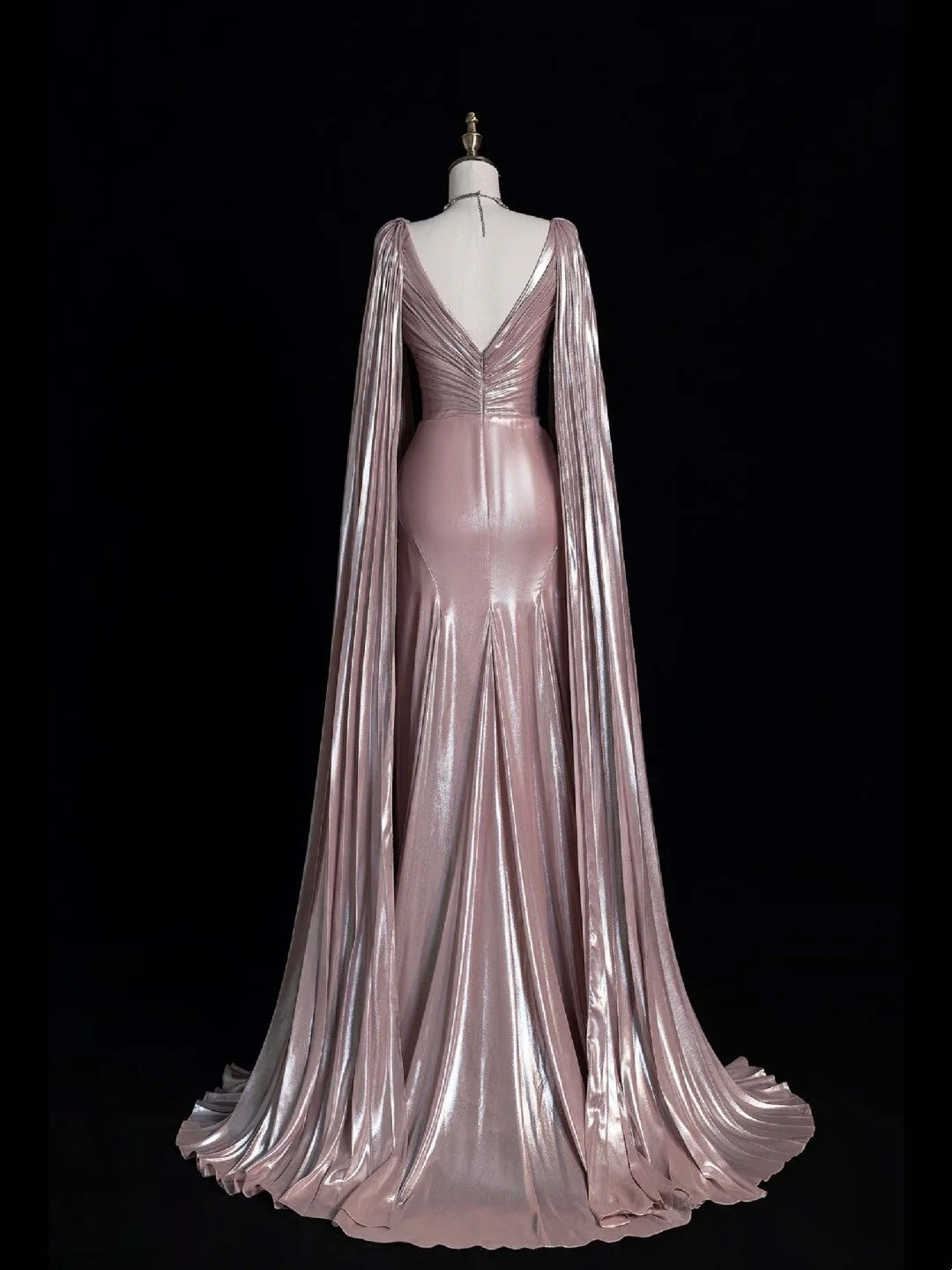 Vintage A-Linien-Abendkleid mit V-Ausschnitt, rosafarbenem Satin-Oberteil mit Perlenbesatz und Cape, langes Ballkleid, formelles Abendkleid N541