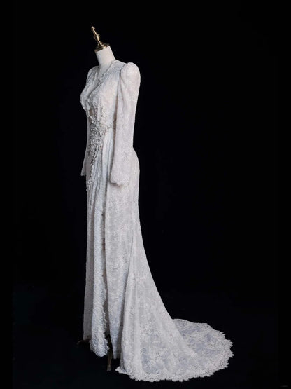 Robe de mariée sirène vintage à col en V, manches longues en dentelle, style féerique automnal N541