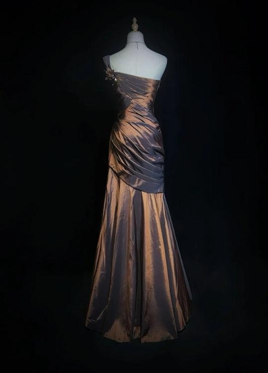 Vintage Prom Dresses Inspo Mermaid One Shoulder Chocolate With Ruffled 80s Long Formal Gown N2831