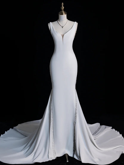 Robe de mariée blanche en satin sans manches, col en V, style sirène simple, robe de mariée féérique d'automne N543