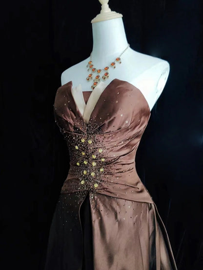 Wunderschöne Abschlussballkleider Inspo Ballkleid Sweetheart-Ausschnitt Satin mit Perlen Schokoladenbraun Damen Abendkleid N3187