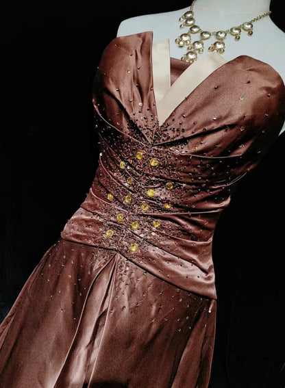 Wunderschöne Abschlussballkleider Inspo Ballkleid Sweetheart-Ausschnitt Satin mit Perlen Schokoladenbraun Damen Abendkleid N3187