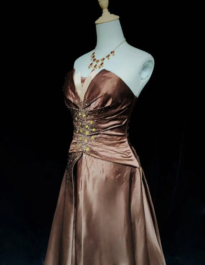 Wunderschöne Abschlussballkleider Inspo Ballkleid Sweetheart-Ausschnitt Satin mit Perlen Schokoladenbraun Damen Abendkleid N3187