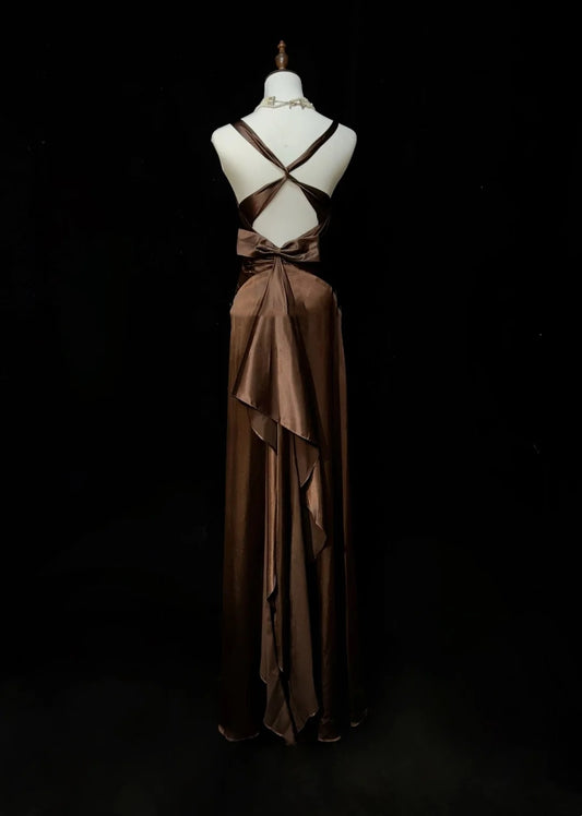 Vintage Prom Dresses A line Halter Brown Backless Satin With Pleated 1950s Long Formal Gown N2601