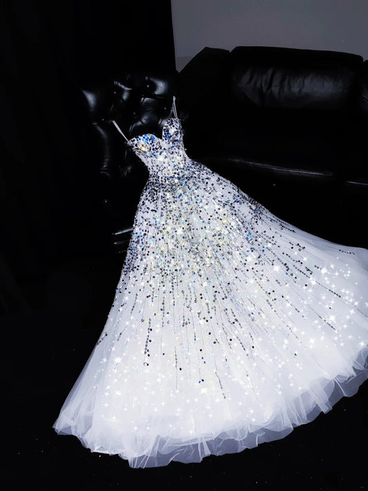 Sparkly Ball Gown Sweetheart White Beaded Bodice Long Prom Dress Evening Outfits Formal Dress N542