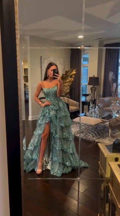 Bescheidenes Ballkleid, trägerlos, hellgrün, ärmellos, edles Ballkleid, Inspiration, Partykleid, Prinzessinnen-Abschlusskleid B648