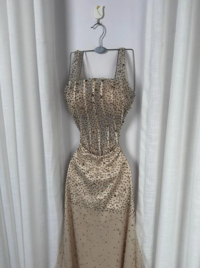 Robe de bal longue de fin d'année, style sirène scintillante, col carré, sequins champagne, référence N1320
