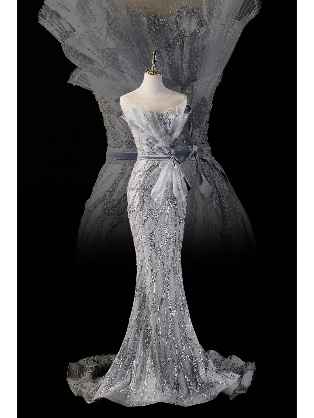 Robe de bal longue sirène élégante, sans bretelles, gris argenté à sequins, robe de soirée charmante, robe d'invitée de mariage tendance AB1023