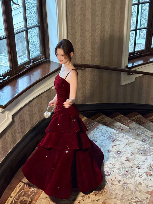 Sexy Mermaid Spaghetti Strap Burgundy Satin Long Prom Dresses Formal Gown Inspo Evening Outfits AB828