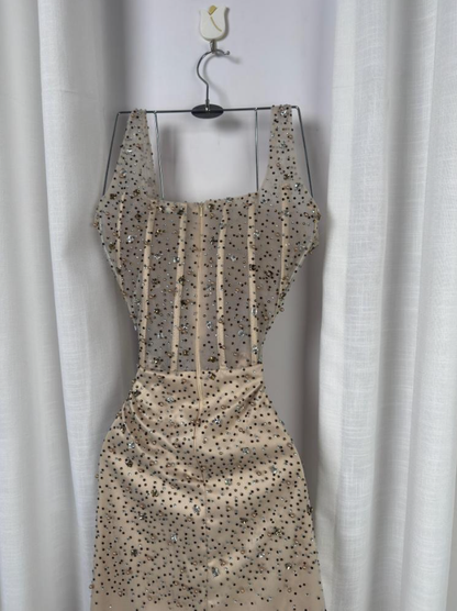Robe de bal longue de fin d'année, style sirène scintillante, col carré, sequins champagne, référence N1320