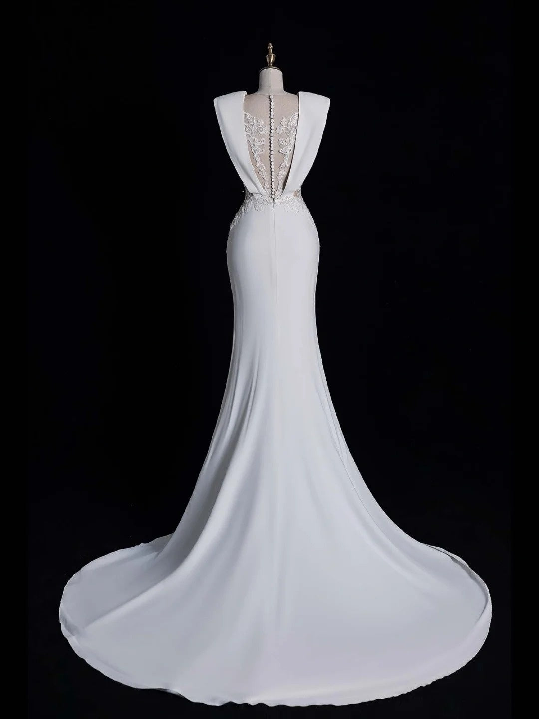 Schlichtes Meerjungfrauen-Brautkleid mit V-Ausschnitt, ärmellos, aus weißer Spitze, Satin, märchenhaft, Herbst-Brautkleid N544