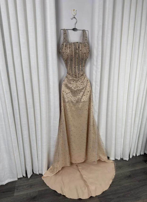 Robe de bal longue de fin d'année, style sirène scintillante, col carré, sequins champagne, référence N1320