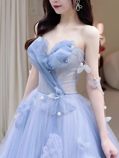 Robe de bal charmante, bustier cœur, tulle bleu, longue, robe de soirée formelle, robe de bal AU112