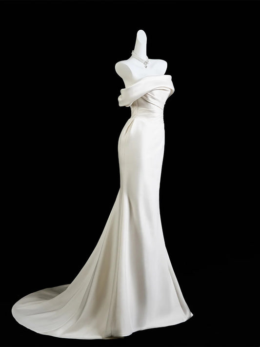 Classic Mermaid Wedding Dresses Off The Shoulder Satin White With Short Sleeves Brides Dress Fitted Bridal Gowns N233