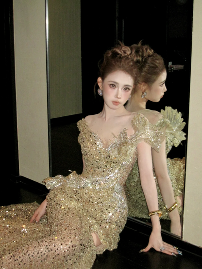 Robe de bal sirène dorée à paillettes brillantes avec corset et dos ajusté, longue tenue de soirée esthétique pour la remise des diplômes N059