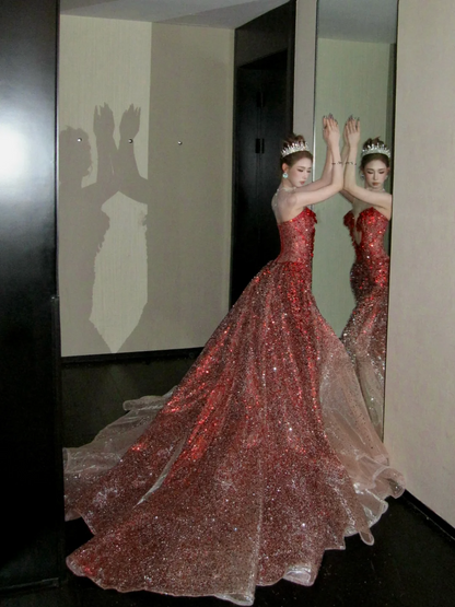 Elegantes, burgunderrotes Meerjungfrauen-Abendkleid mit Perlen und Kristallen, ästhetisches langes Abschlussballkleid N058