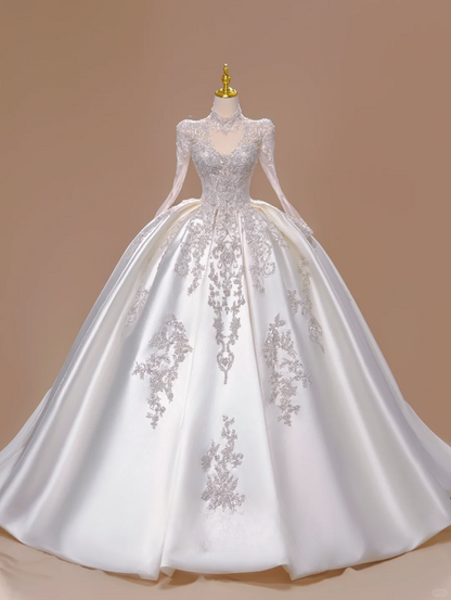 Dreamy Ball Gown High Neck Silver Sequin Appliques Long Wedding Dress Beautiful Formal Cute Wedding Dresses DH2811