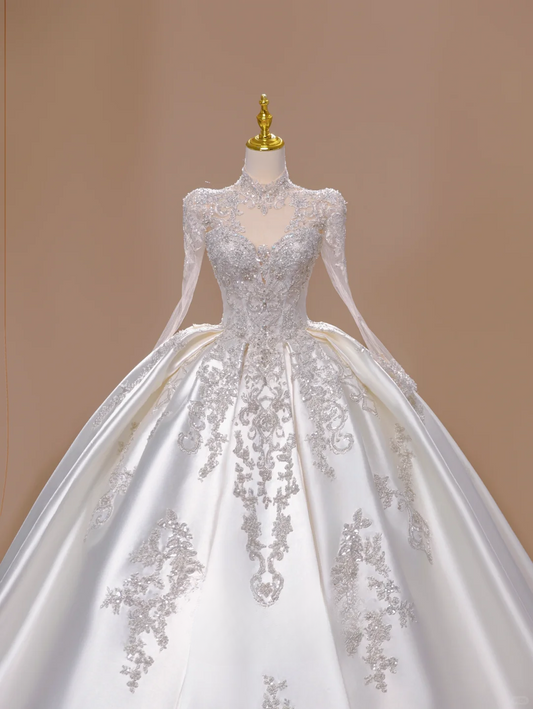 Dreamy Ball Gown High Neck Silver Sequin Appliques Long Wedding Dress Beautiful Formal Cute Wedding Dresses DH2811