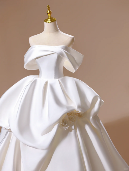 Princess Ball Gown Off The Shoulder Satin White Long Wedding Dress Beautiful Formal Cute Wedding Dresses DH2813