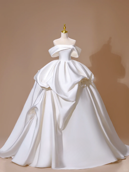 Princess Ball Gown Off The Shoulder Satin White Long Wedding Dress Beautiful Formal Cute Wedding Dresses DH2813