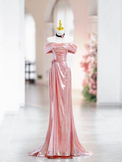 Elegantes Meerjungfrau-Abendkleid im bodenlangen Stil mit schulterfreiem rosa Satin, Inspiration für lange Ballkleider DH2814
