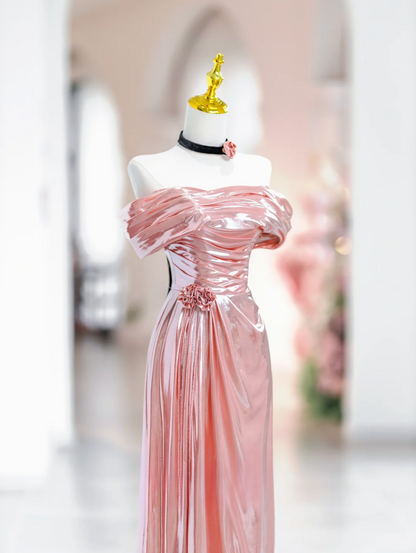 Elegantes Meerjungfrau-Abendkleid im bodenlangen Stil mit schulterfreiem rosa Satin, Inspiration für lange Ballkleider DH2814