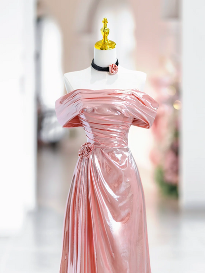 Elegantes Meerjungfrau-Abendkleid im bodenlangen Stil mit schulterfreiem rosa Satin, Inspiration für lange Ballkleider DH2814