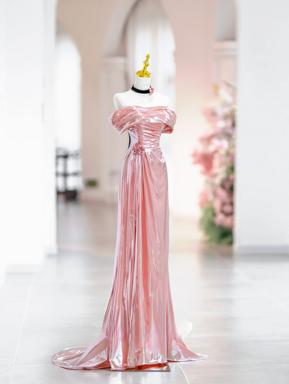 Elegantes Meerjungfrau-Abendkleid im bodenlangen Stil mit schulterfreiem rosa Satin, Inspiration für lange Ballkleider DH2814