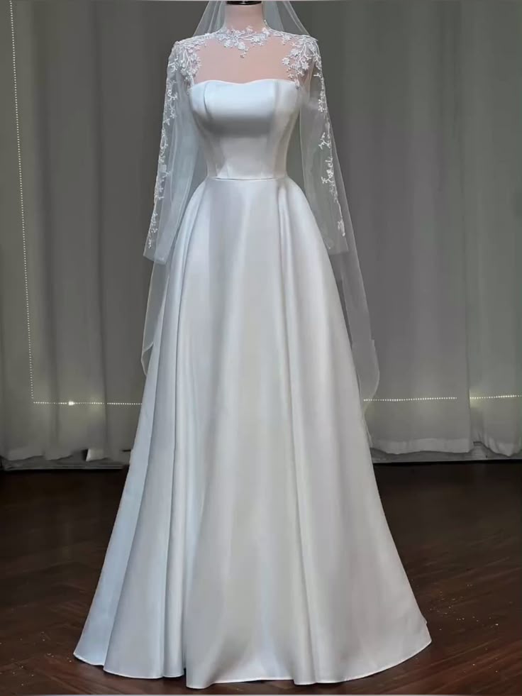 Modest A Line Sweetheart White Satin Wedding Dress Long Sleeves Fairytale Autumn Vintage Wedding Dresses RB2829
