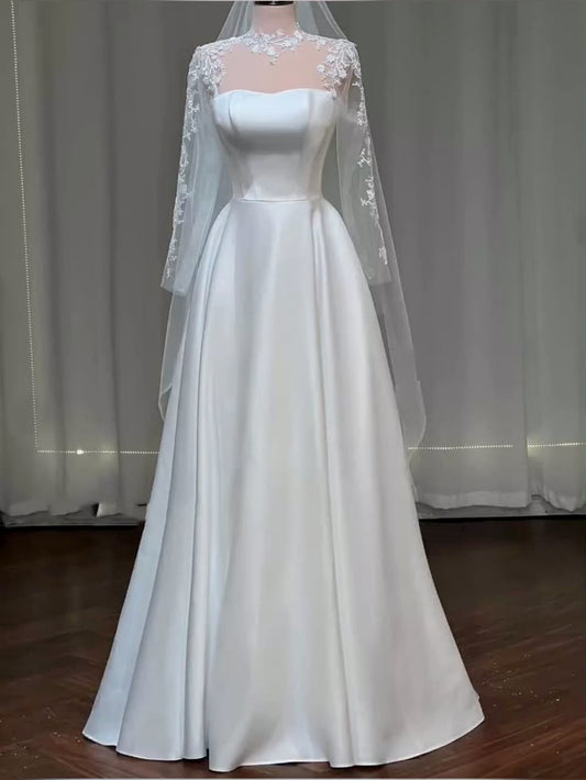 Modest A Line Sweetheart White Satin Wedding Dress Long Sleeves Fairytale Autumn Vintage Wedding Dresses RB2829