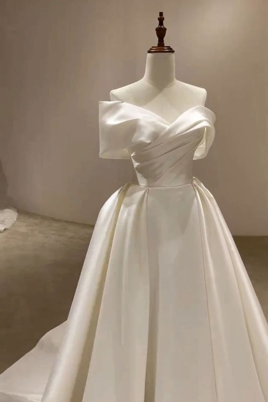 Simple Ball Gown Off The Shoulder White Satin Wedding Dress With Sleeves Fairytale Autumn Wedding Dresses RB2835