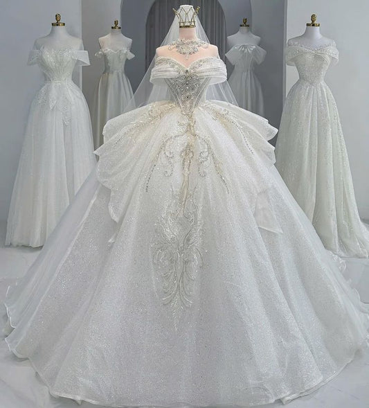 Modest Ball Gown Off The Shoulder White Sequins Silver Beads Wedding Dress Styles Long Fairytale Brides Gown Wedding Dresses Ideas RB2839