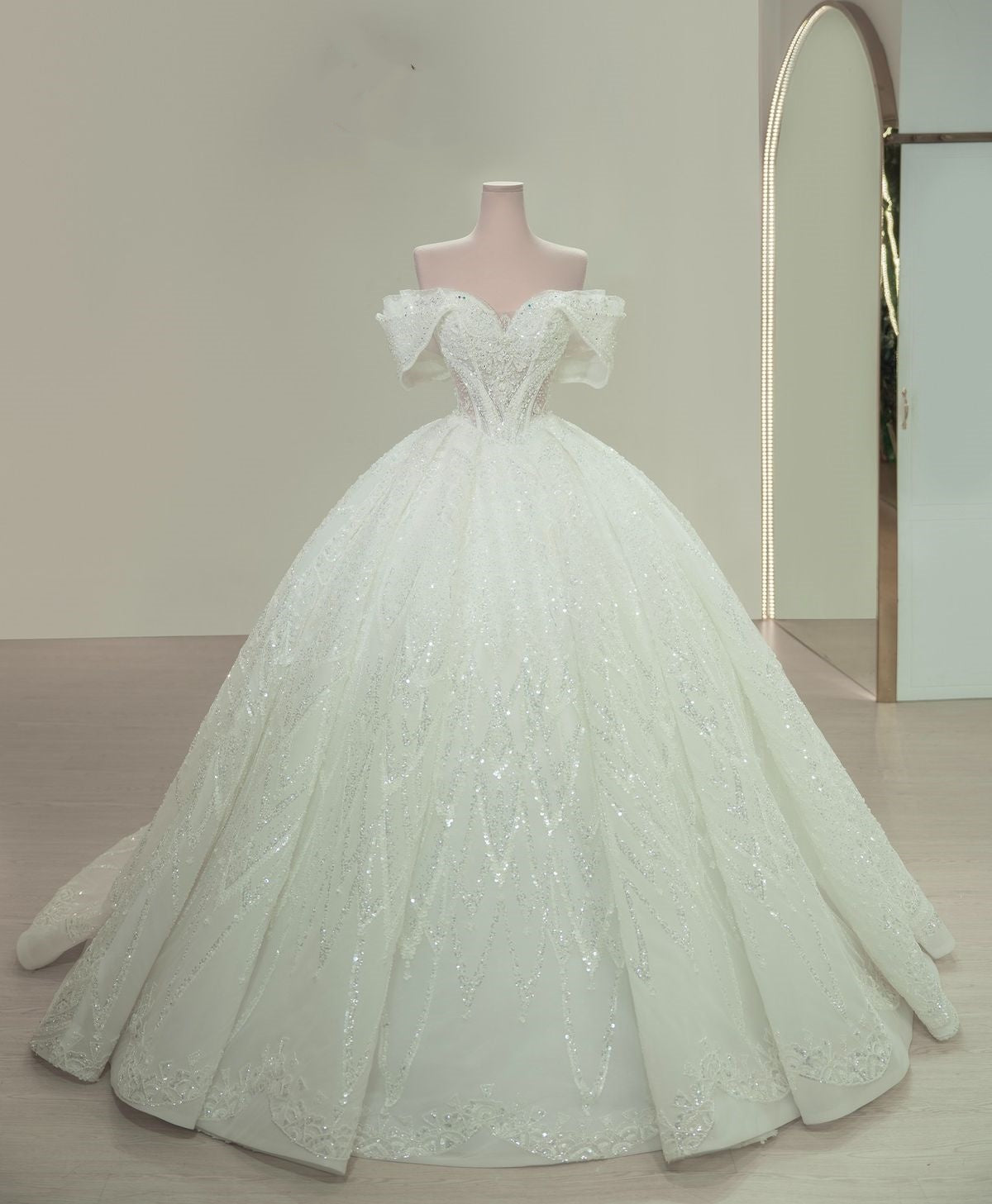 Robe de mariée longue scintillante à épaules dénudées et paillettes blanches, style conte de fées, RB2841