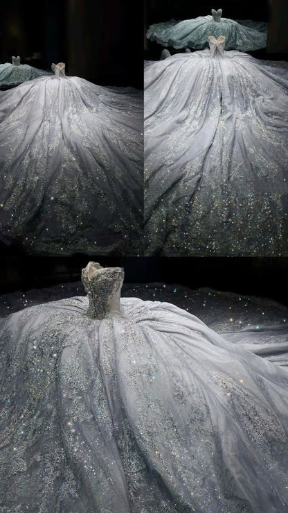 Robe de mariée luxueuse en dentelle à sequins et décolleté en cœur, style conte de fées, longue, RB2844