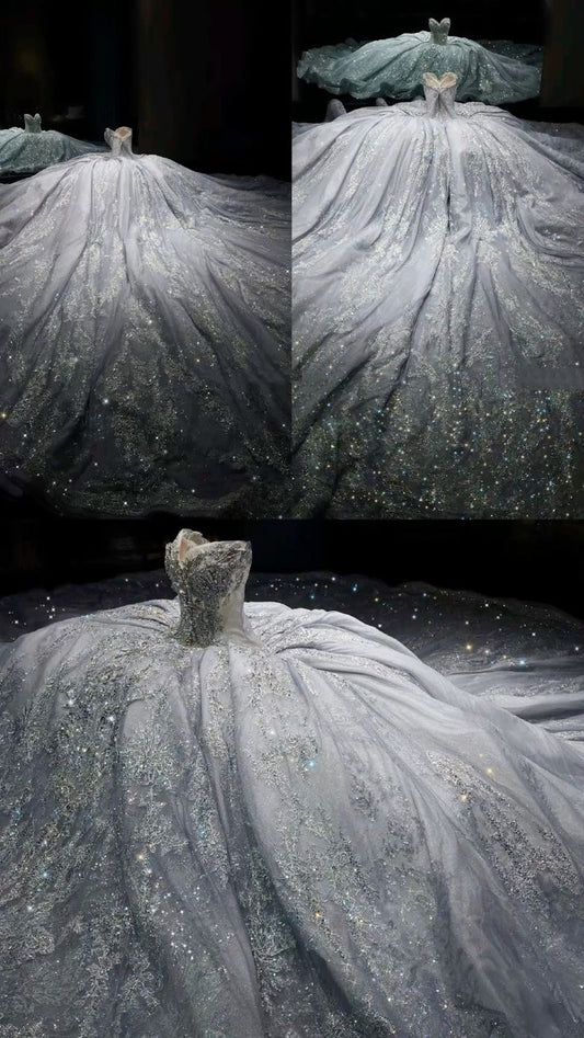 Luxury Ball Gown Sweetheart Sequin Lace Wedding Dress Fairytale Long Wedding Dresses RB2844