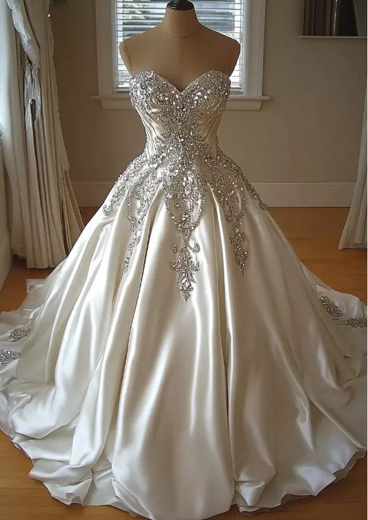 Luxury Ball Gown Sweetheart Sequin Satin Wedding Dress Fairytale Long Wedding Dresses RB2846