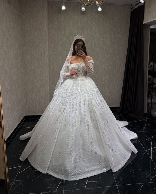 Princess Ball Gown Square Neck White Sequins Wedding Dress Fairytale Autumn Wedding Gown RB2850