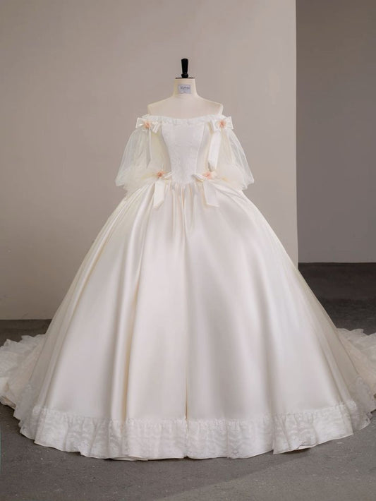 Timeless Ball Gown Off The Shoulder Satin Wedding Dress With Sleeves Fairytale Autumn Wedding Dresses RB2851